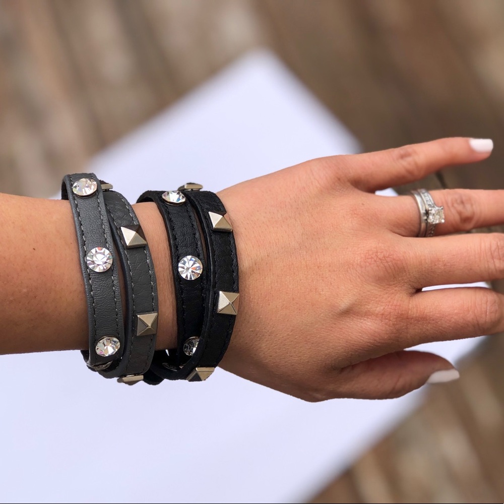 Two Studded Wrap Bracelets - black & gray